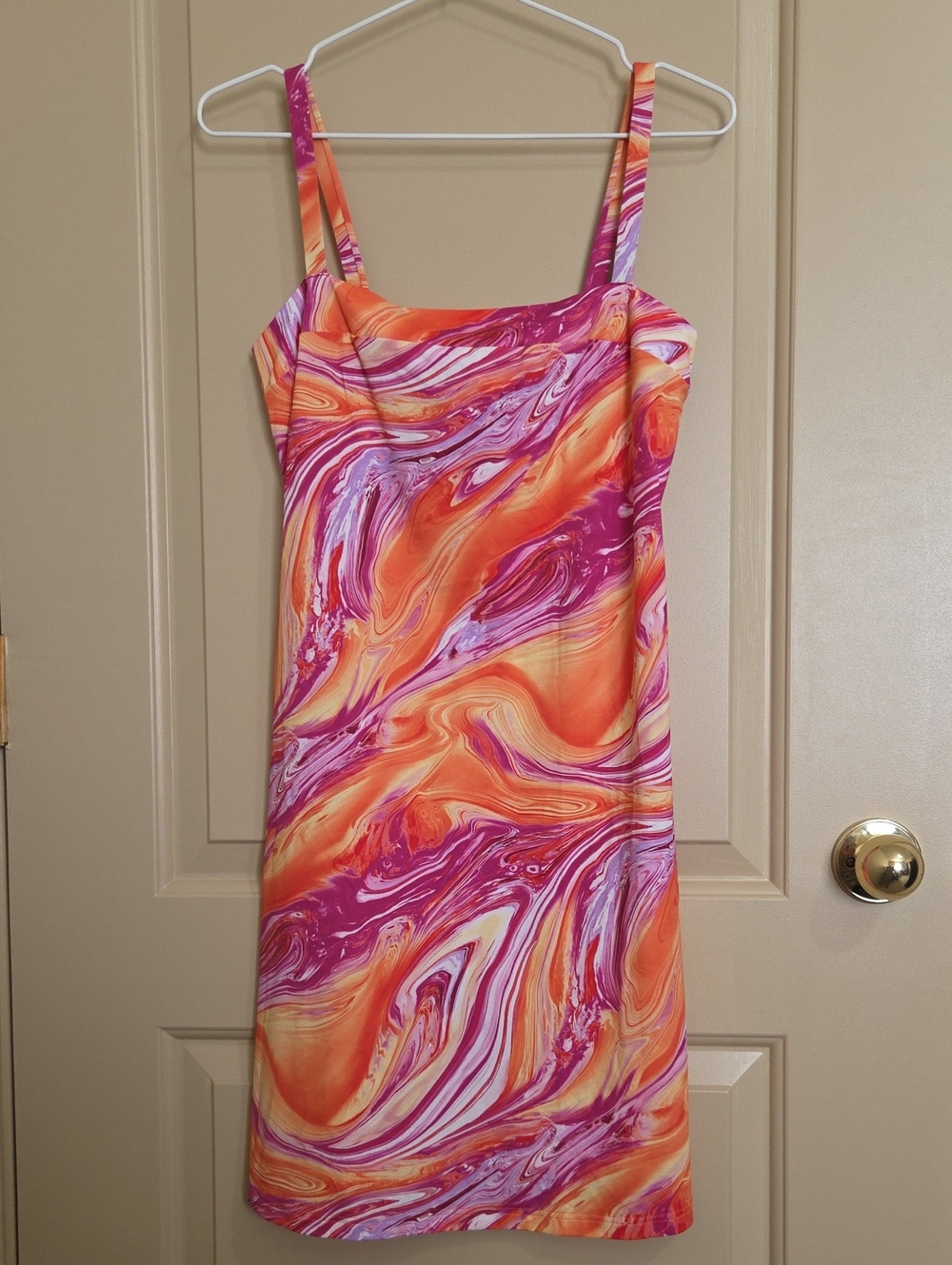 Mare Blu. Sleek Marble-Print Slip Dress in Orange & Pink